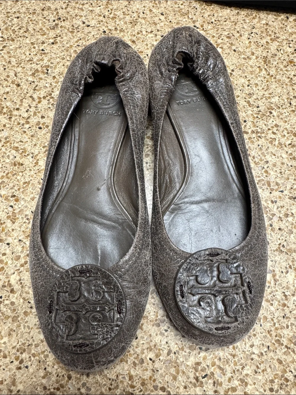 Tory Burch Distressed Brown Leather Logo Ballet Flats